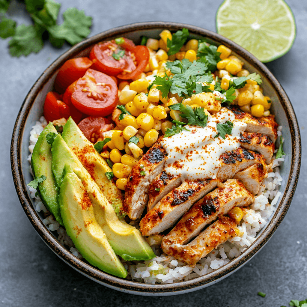 A vibrant Street Corn Chicken Bowl with grilled chicken slices, creamy elote-style corn, avocado, cherry tomatoes, and fresh cilantro over a bed of rice, garnished with lime wedges.