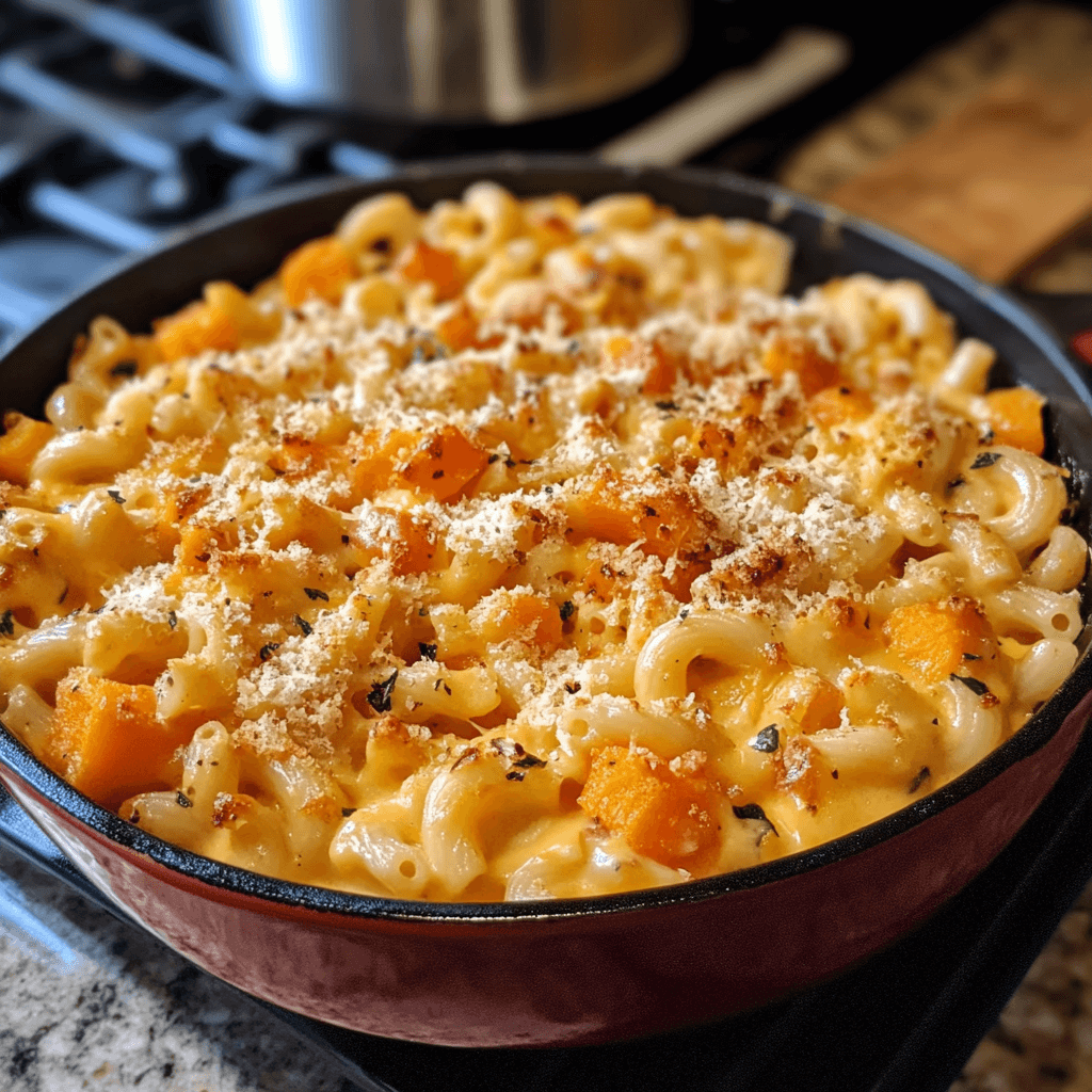 A creamy bowl of Butternut Squash Mac & Cheese, featuring elbow macaroni coated in a velvety cheese sauce with roasted butternut squash and a sprinkle of Parmesan.