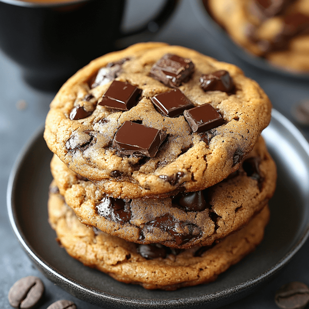 Close-up of freshly baked Espresso Chocolate Chip Cookies with a golden-brown exterior, chocolate chunks, and a hint of espresso flavor visible.