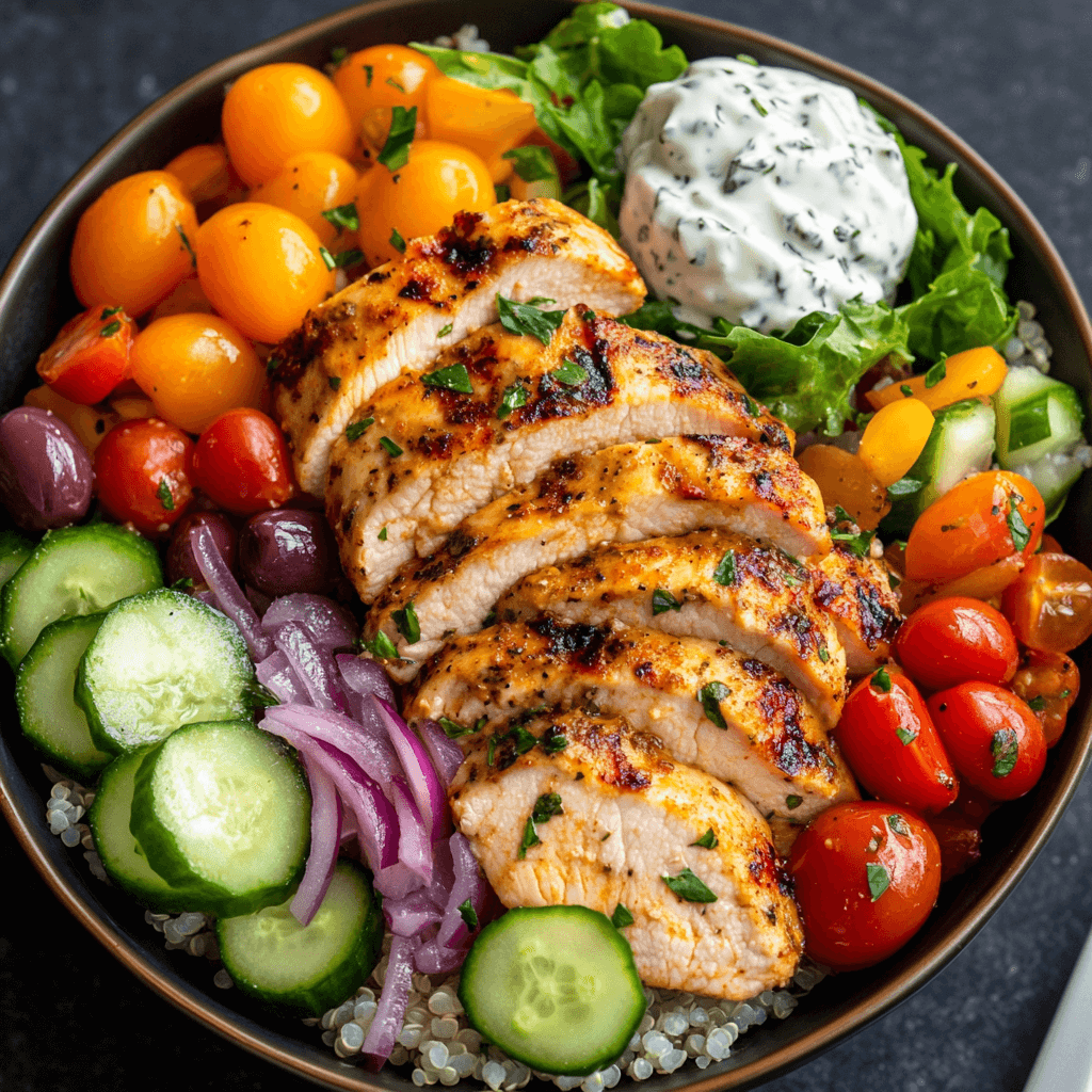 A colorful Mediterranean chicken bowl with grilled chicken, quinoa, fresh veggies, olives, feta cheese, and a drizzle of tzatziki sauce.