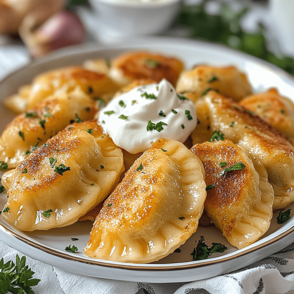 Homemade potato and cheese pierogi served on a plate, topped with caramelized onions and a dollop of sour cream.