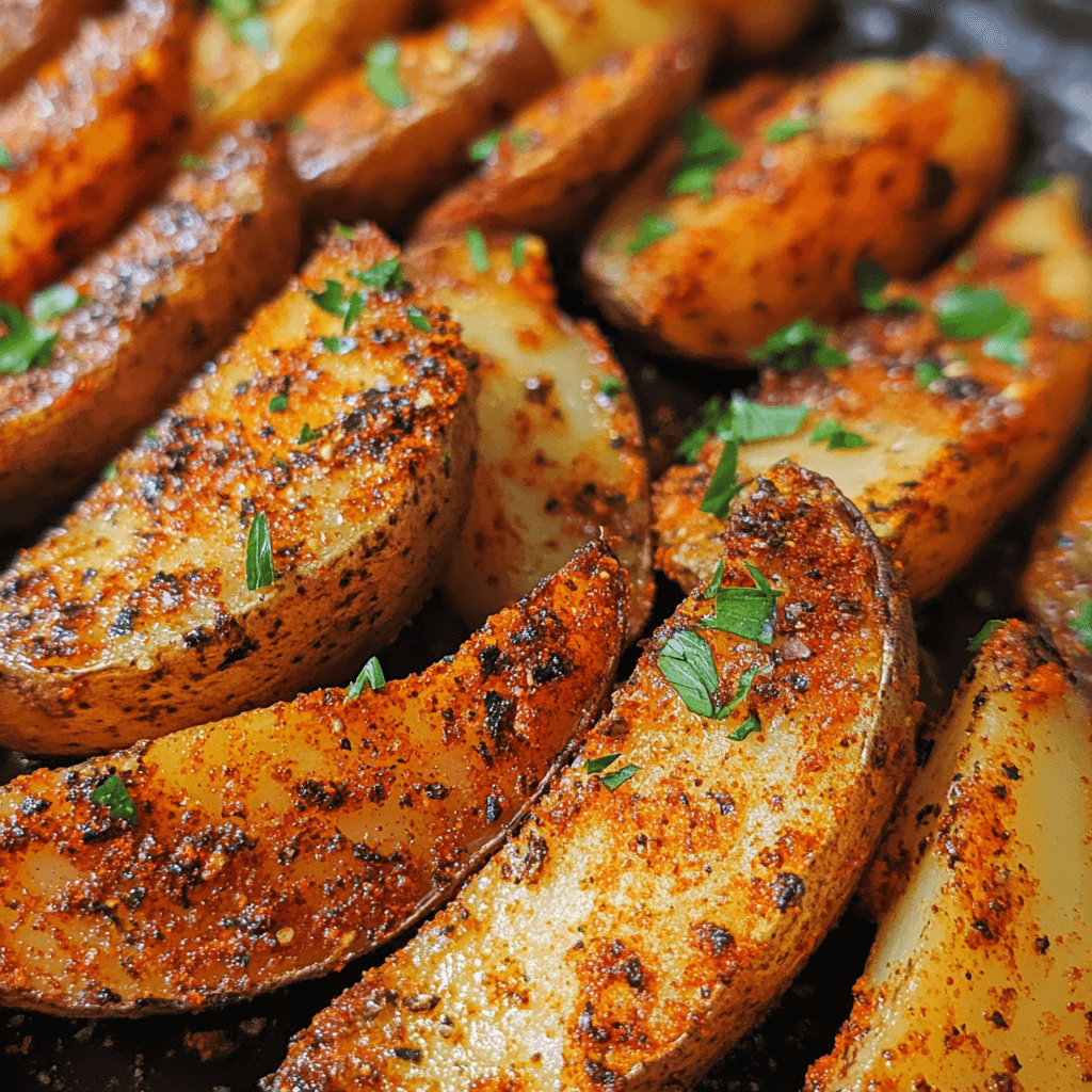 A plate of crispy, golden-brown spicy Cajun potato wedges garnished with fresh parsley, served with a side of creamy dipping sauce.