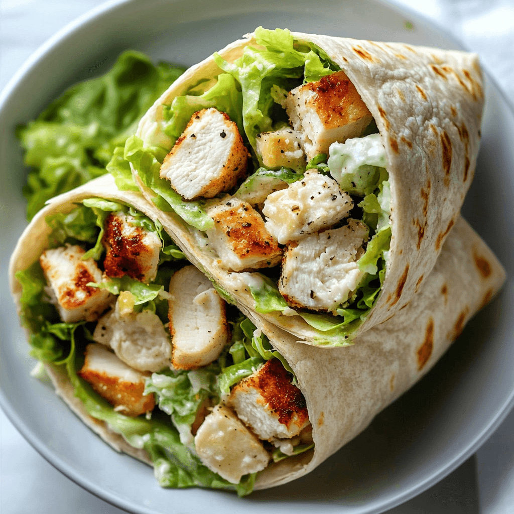 Close-up of a Chicken Caesar Salad Wrap cut in half, showing crispy romaine lettuce, grilled chicken slices, grated Parmesan, and creamy Caesar dressing, wrapped in a soft tortilla.