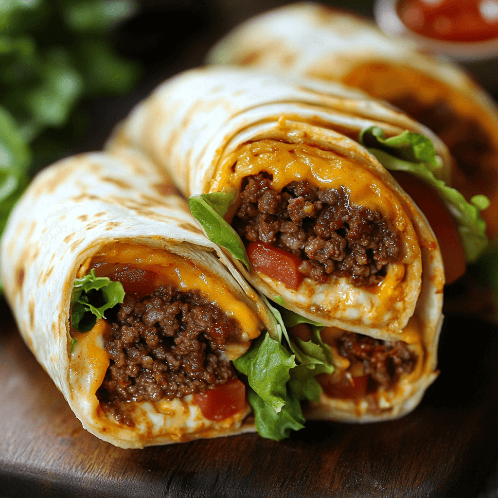 Cheesy cheeseburger wraps sliced in half, filled with seasoned ground beef, melted cheddar cheese, fresh lettuce, and tomato slices, served with ketchup and mustard on the side.