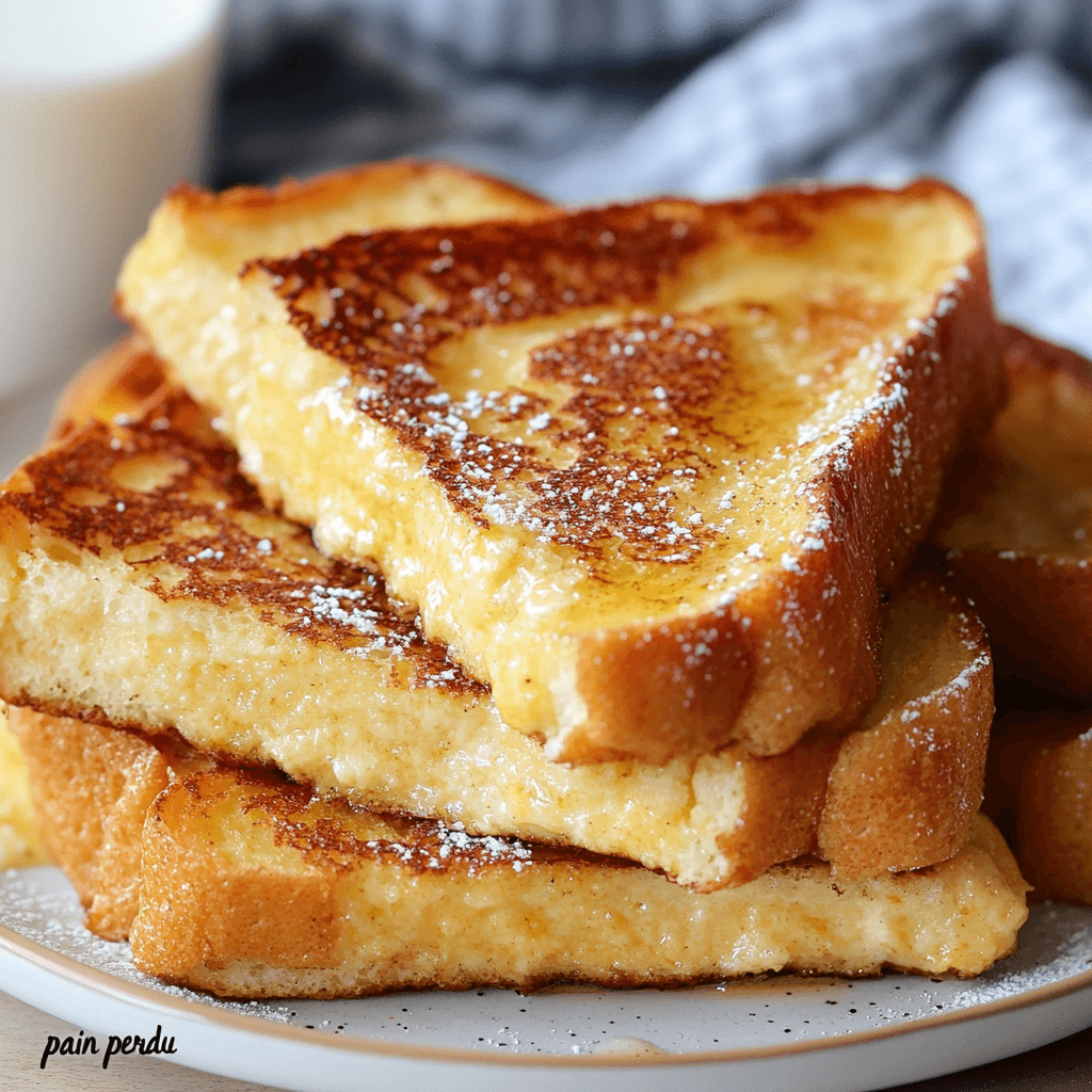 A stack of golden French toast topped with fresh berries, powdered sugar, and maple syrup, served on a white plate.