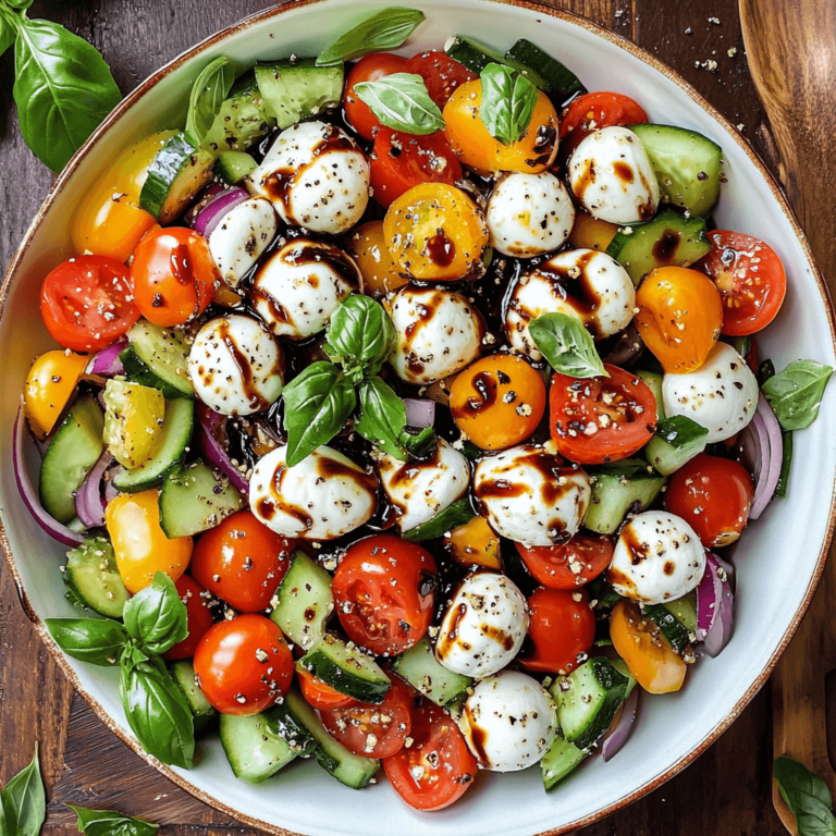 A vibrant Mozzarella Salad with fresh cherry tomatoes, cucumbers, bell peppers, and mozzarella balls, drizzled with a thick balsamic glaze and garnished with fresh basil leaves, served on a white plate.