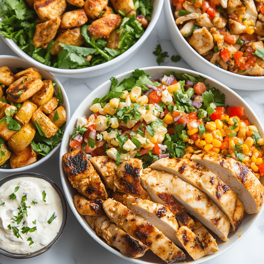 A selection of delicious homemade chicken dishes, including crispy parmesan chicken tenders, a buffalo chicken wrap, a Mediterranean chicken bowl with quinoa, and lemon herb baked chicken, arranged on a rustic wooden table with fresh ingredients like herbs, tomatoes, and greens, creating a cozy, inviting atmosphere.