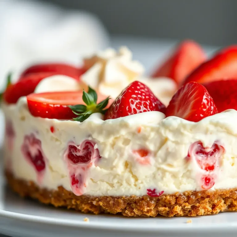 A layered no-bake strawberry split cake in a glass dish, showing a golden graham cracker crust, creamy white cheesecake filling, fresh sliced strawberries, and a glossy strawberry jam topping, garnished with whole strawberries on top.