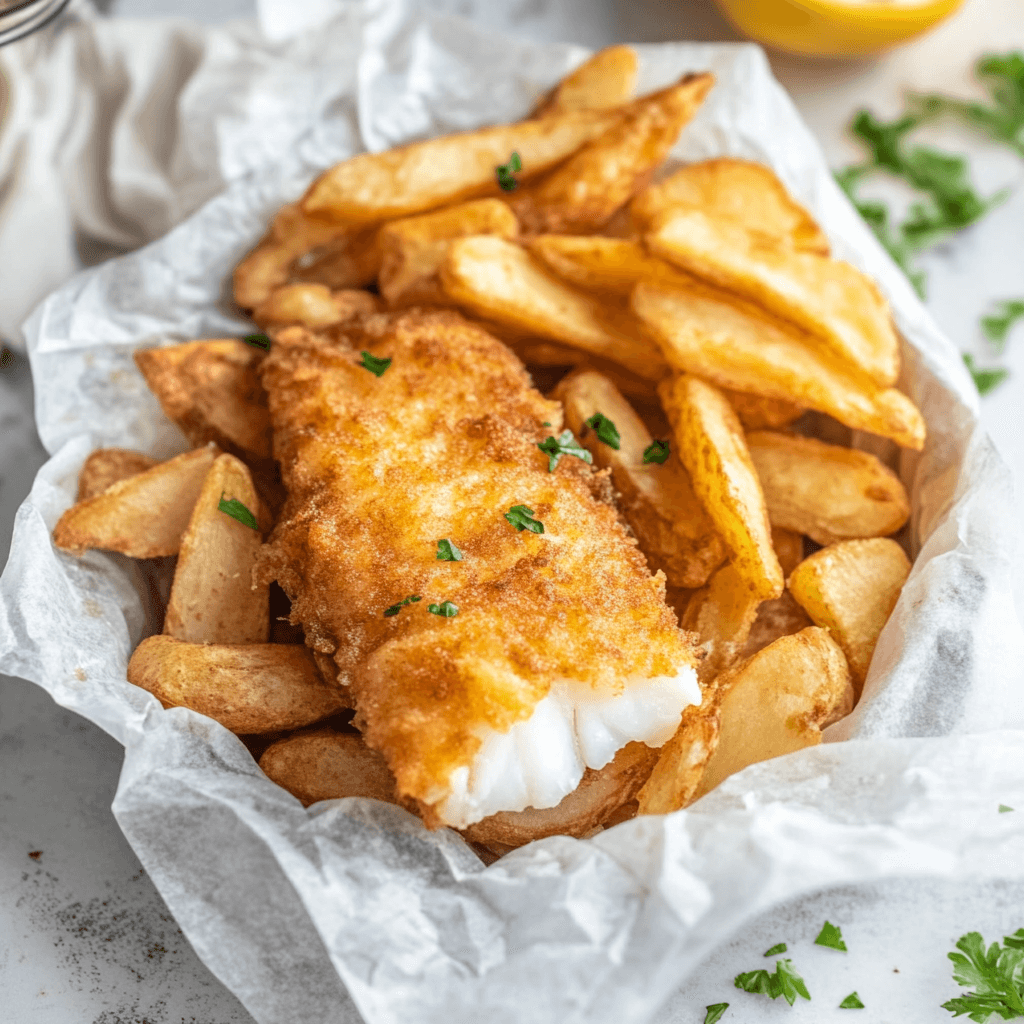 Homemade fish and chips recipe featuring golden beer-battered fish, thick-cut fries, tartar sauce, and lemon wedges served on a rustic plate.