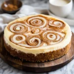 A rich and creamy Cinnamon Roll Honeybun Cheesecake topped with smooth vanilla glaze, swirled with cinnamon filling, and served on a white plate.
