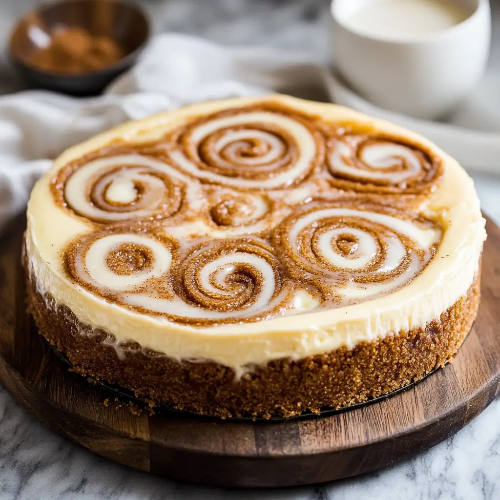 A rich and creamy Cinnamon Roll Honeybun Cheesecake topped with smooth vanilla glaze, swirled with cinnamon filling, and served on a white plate.