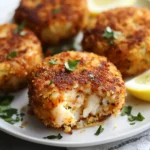 Golden crab and shrimp cakes served on a platter with lemon wedges and dipping sauce.