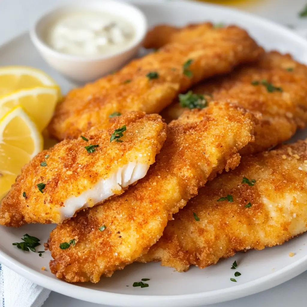 Crispy golden-brown fried flounder fillets served with lemon wedges and tartar sauce on a white plate.