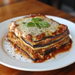 A delicious serving of eggplant lasagna with layers of roasted eggplant, marinara sauce, ricotta cheese, mozzarella, and fresh basil garnish.