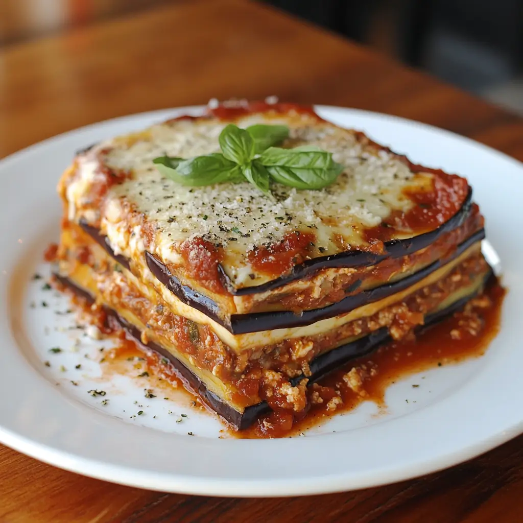 A delicious serving of eggplant lasagna with layers of roasted eggplant, marinara sauce, ricotta cheese, mozzarella, and fresh basil garnish.