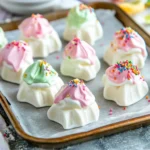 Colorful bite-sized Cool Whip candies topped with sprinkles, arranged on a parchment-lined tray, ready to be served as a no-bake frozen treat.