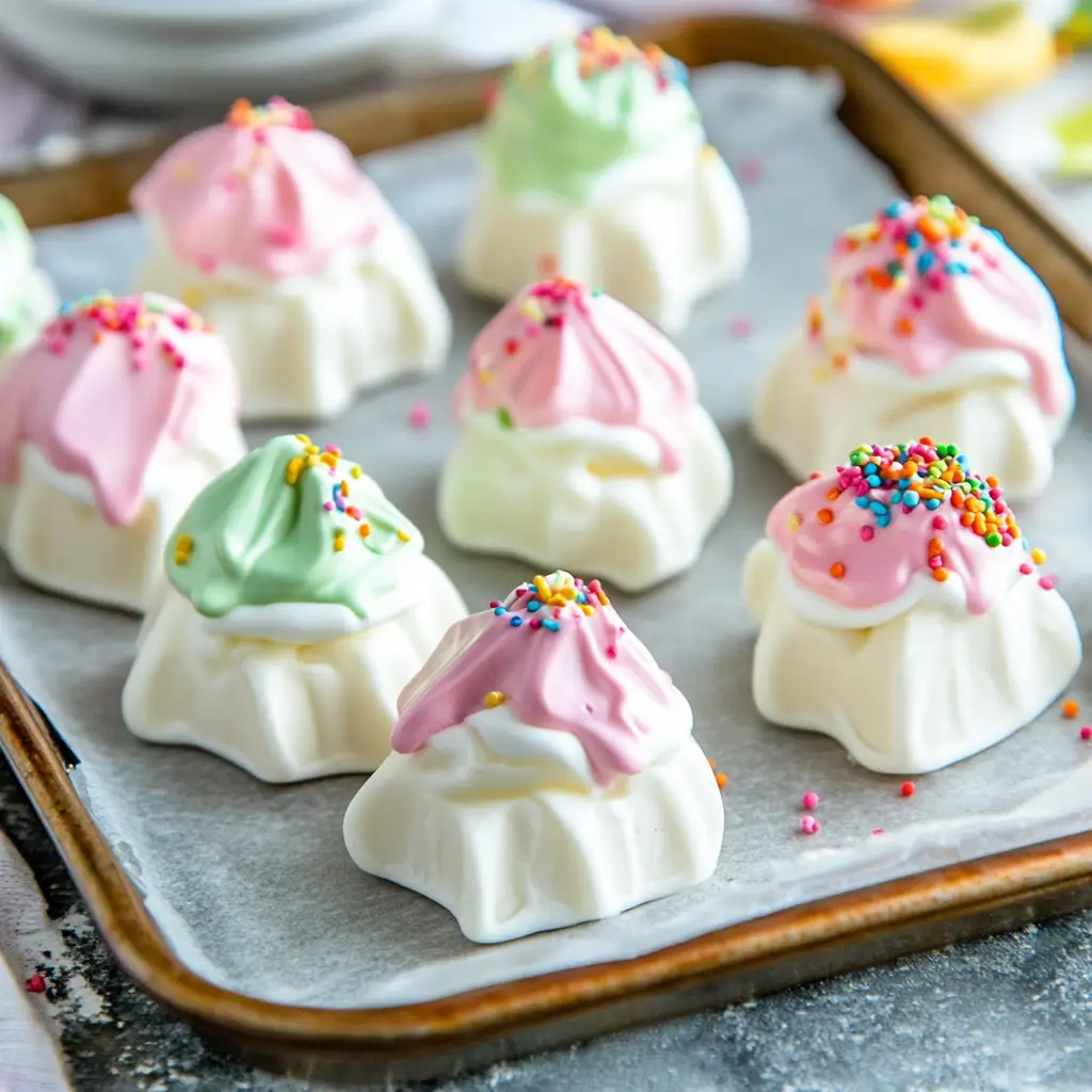Colorful bite-sized Cool Whip candies topped with sprinkles, arranged on a parchment-lined tray, ready to be served as a no-bake frozen treat.