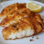 Golden crispy fried cod fillets served with tangy homemade dipping sauce and lemon wedges on a rustic wooden board.