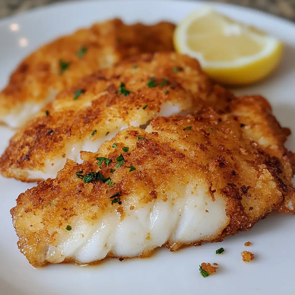 Golden crispy fried cod fillets served with tangy homemade dipping sauce and lemon wedges on a rustic wooden board.