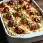 Creamy mashed potato bake topped with golden meatballs, melted mozzarella and cheddar cheese, and rich brown gravy, garnished with fresh parsley in a baking dish.