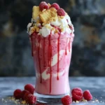 A decadent raspberry cheesecake freakshake topped with whipped cream, fresh raspberries, graham cracker crumbs, and white chocolate drizzle in a mason jar glass.