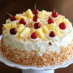 Moist Hawaiian cake topped with cream cheese frosting, toasted coconut, pineapple chunks, and maraschino cherries on a white plate.