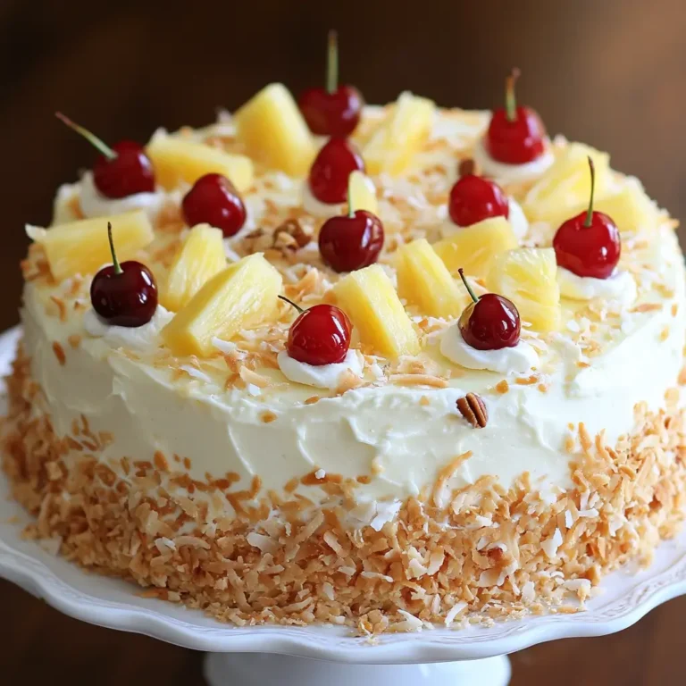 Moist Hawaiian cake topped with cream cheese frosting, toasted coconut, pineapple chunks, and maraschino cherries on a white plate.