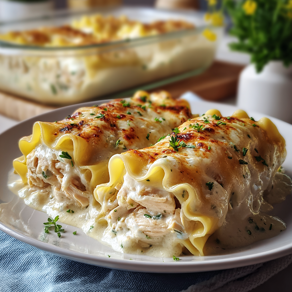 Decadent Lasagna Rolls with Creamy Alfredo Sauce and Tender Chicken: A Romantic Valentine’s Dinner
