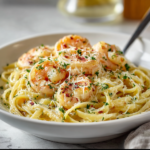 Shrimp Scampi Garlic Cream Pasta with Mozzarella and Lemon
