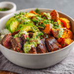 Steak and Sweet Potato Bowls with Avocado-Cilantro Drizzle