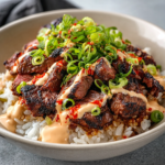 Korean BBQ Steak Rice Bowls with Spicy Cream Sauce