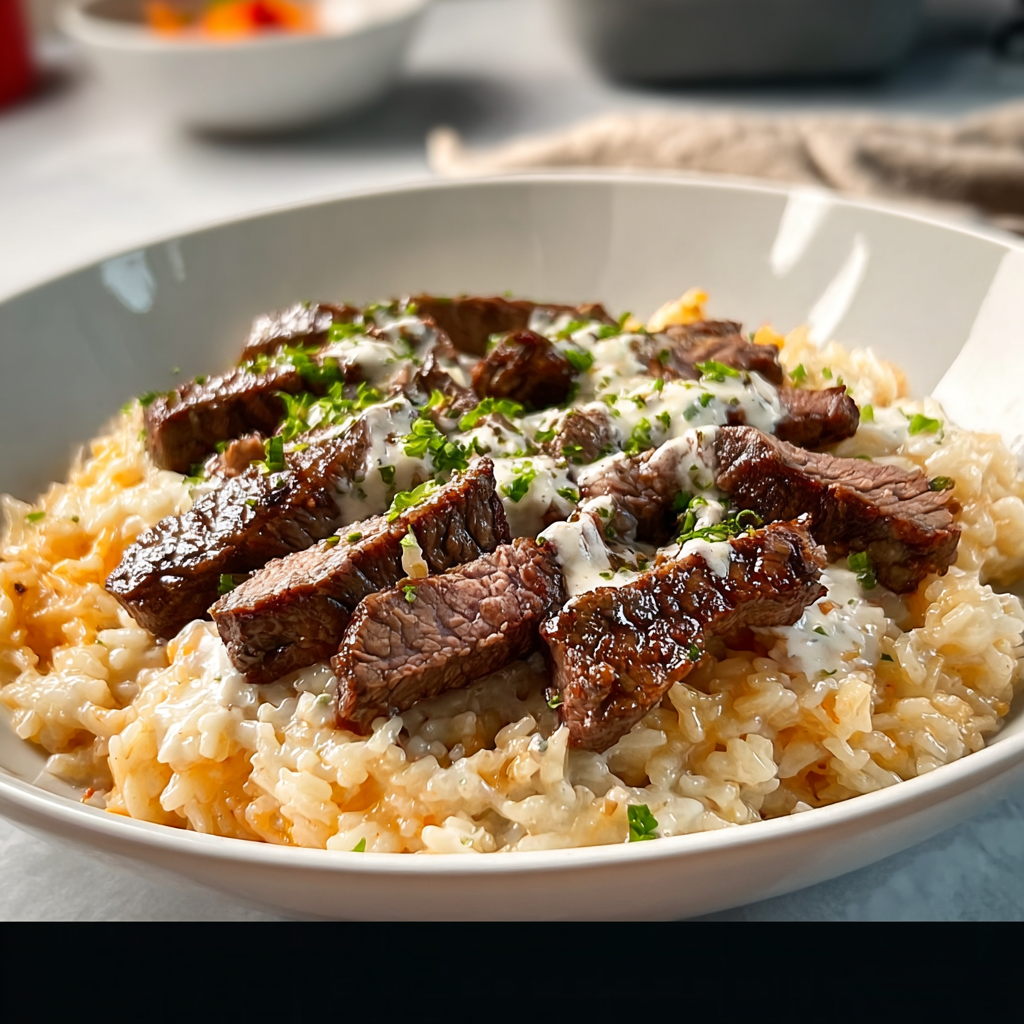 Creamy Queso Rice with Juicy Steak Strips