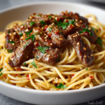 Sweet and Spicy Garlic Steak Pasta with Honey Sriracha Sauce