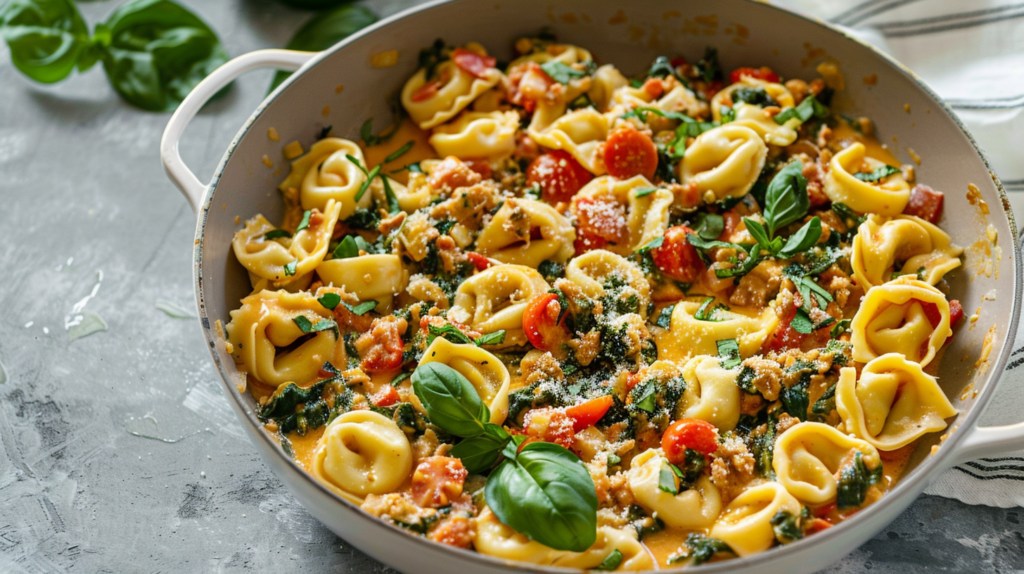 Creamy Spinach Tomato Tortellini with Herbed Beef Sauce: A Comforting Family Favorite