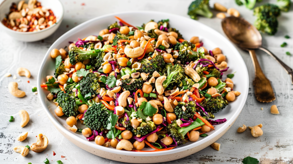 Spicy Cashew Thai Chickpea Broccoli Salad for a Flavorful and Healthy Meal