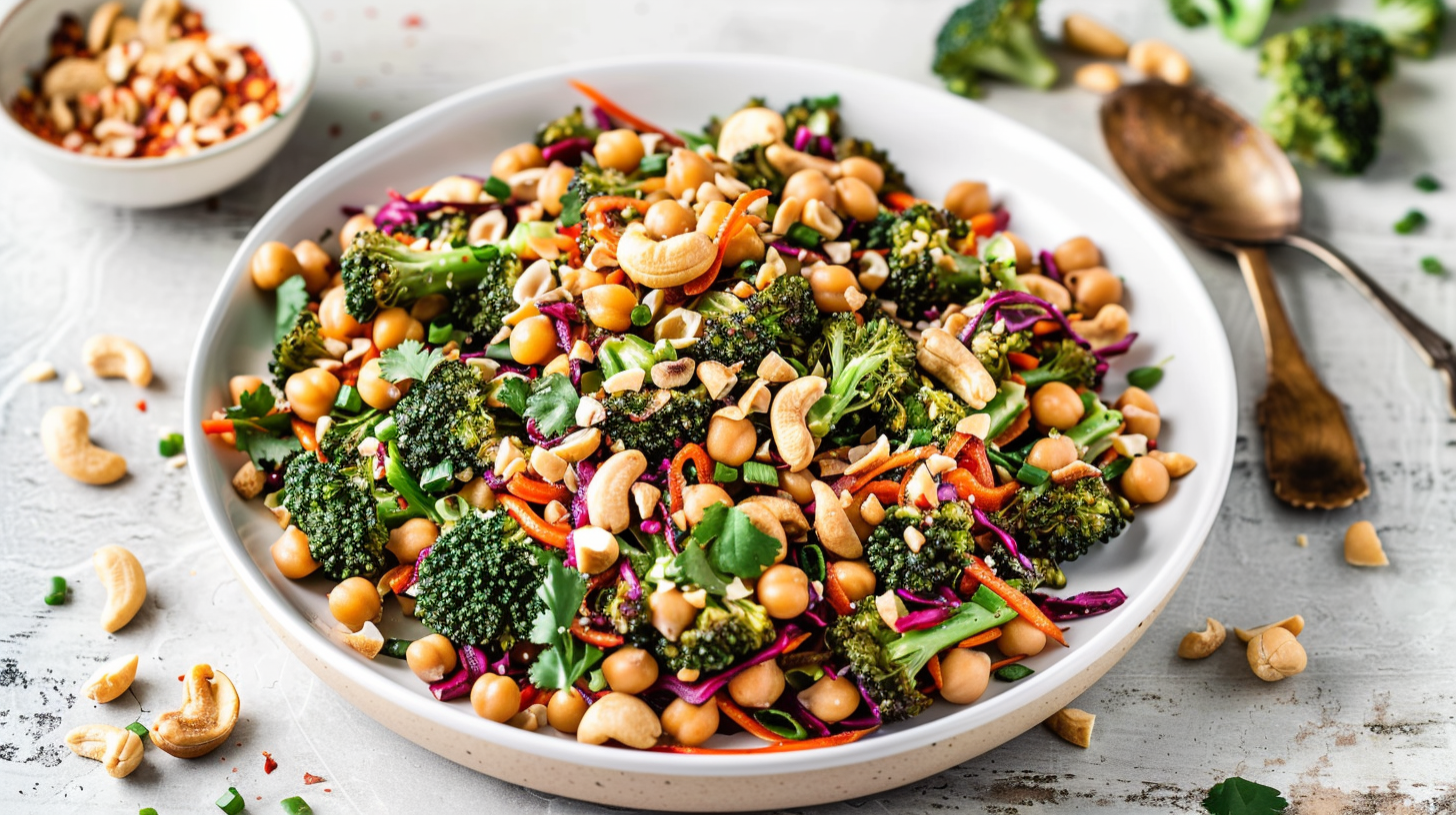 Spicy Cashew Thai Chickpea Broccoli Salad for a Flavorful and Healthy Meal