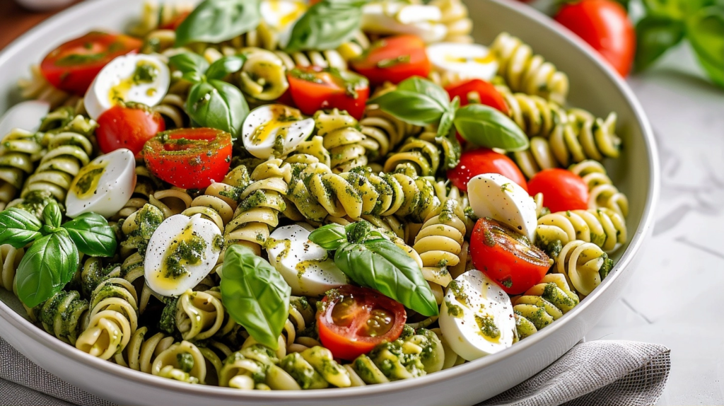 Caprese Pesto Pasta Salad with Rotini, Tomatoes, and Mozzarella