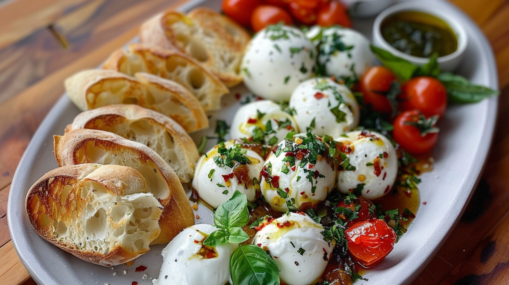 Marinated Mozzarella & Burrata Tapas Board with Garlic Breadsticks