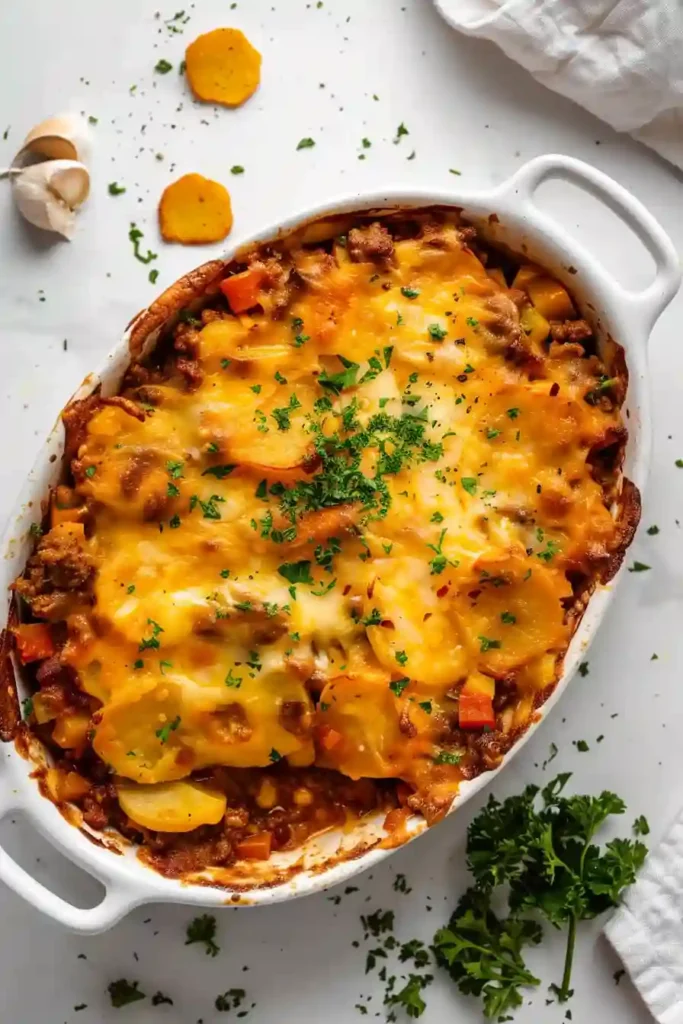 A bright, mouthwatering Pinterest-style food photo of an easy hobo casserole made with seasoned ground beef, thinly sliced potatoes, melted cheese, and baked vegetables in a rustic casserole dish, healthy homemade comfort food, golden bubbly top, fresh parsley garnish, clean white background, soft natural lighting, overhead 3/4 angle, appetizing and realistic, styled for a recipe blog, high detail, editorial food photography, no people, no utensils clutter, no text, no words --ar 2:3 --v 6 --stylize 150