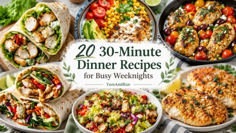 20 30-minute dinner recipes for busy weeknights featuring chicken wraps, chicken bowls, skillet chicken, salads, and Parmesan crusted chicken.
