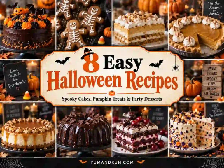 8 easy Halloween recipes featuring spooky chocolate cake, gingerbread skeleton cookies, pumpkin desserts, salted caramel cheesecake, chocolate Bundt cake, Black Forest cake, and Halloween Funfetti cake.