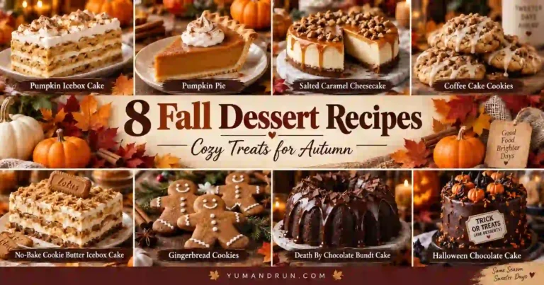 8 fall dessert recipes featuring pumpkin icebox cake, pumpkin pie, salted caramel cheesecake, coffee cake cookies, cookie butter icebox cake, gingerbread cookies, Death by Chocolate Bundt cake, and Halloween chocolate cake.