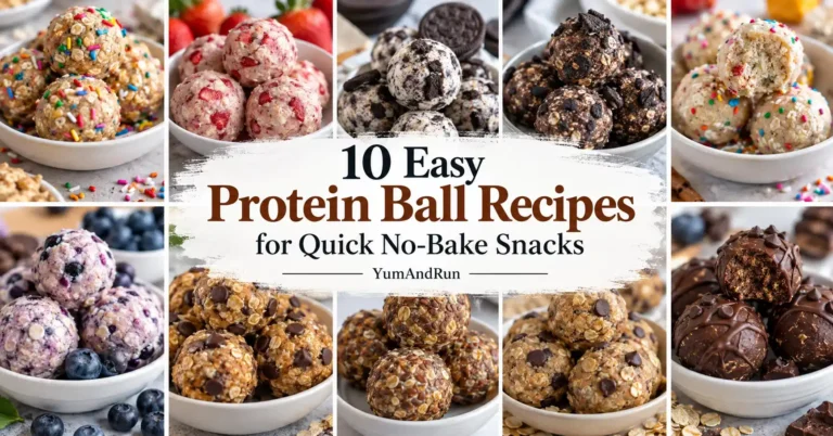 10 easy protein ball recipes featuring chocolate, strawberry, blueberry, Oreo, cake batter, and oat protein balls for quick no-bake snacks.