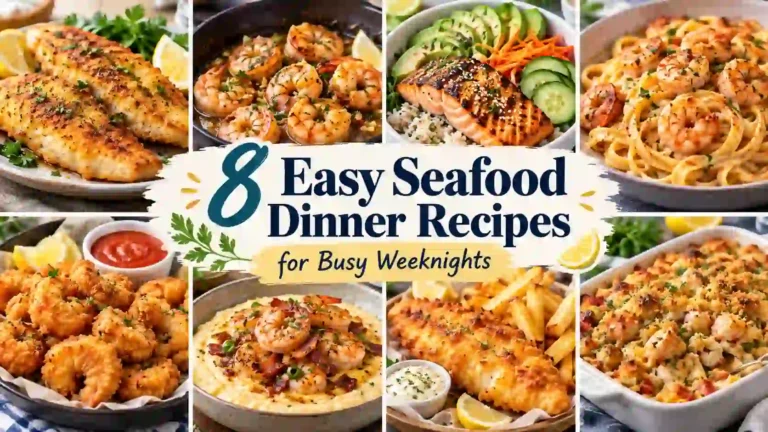8 easy seafood dinner recipes for busy weeknights featuring crispy fish, garlic shrimp, salmon rice bowls, creamy shrimp pasta, popcorn shrimp, shrimp and grits, fish and chips, and seafood stuffing.