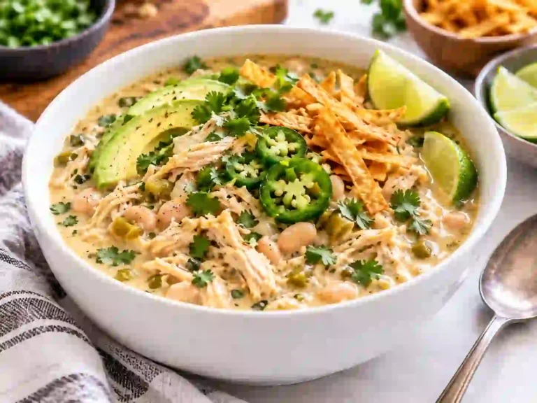Creamy white chicken chili with shredded chicken, white beans, avocado, jalapeños, cilantro, tortilla strips, and lime served in a white bowl.