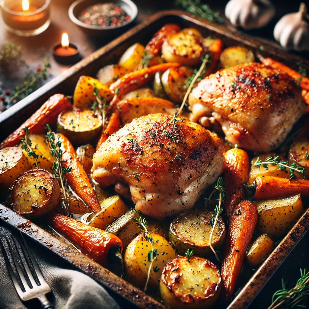 Chicken thighs and vegetables in the oven with carrots, zucchini and peppers