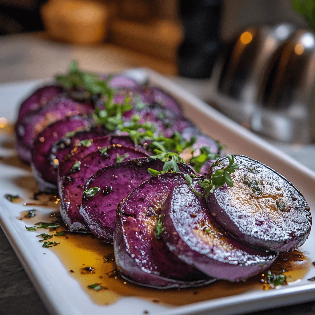 Baked purple sweet potatoes sliced and served in a modern kitchen, with caramelized edges, vibrant color, and garnished with fresh herbs and olive oil.