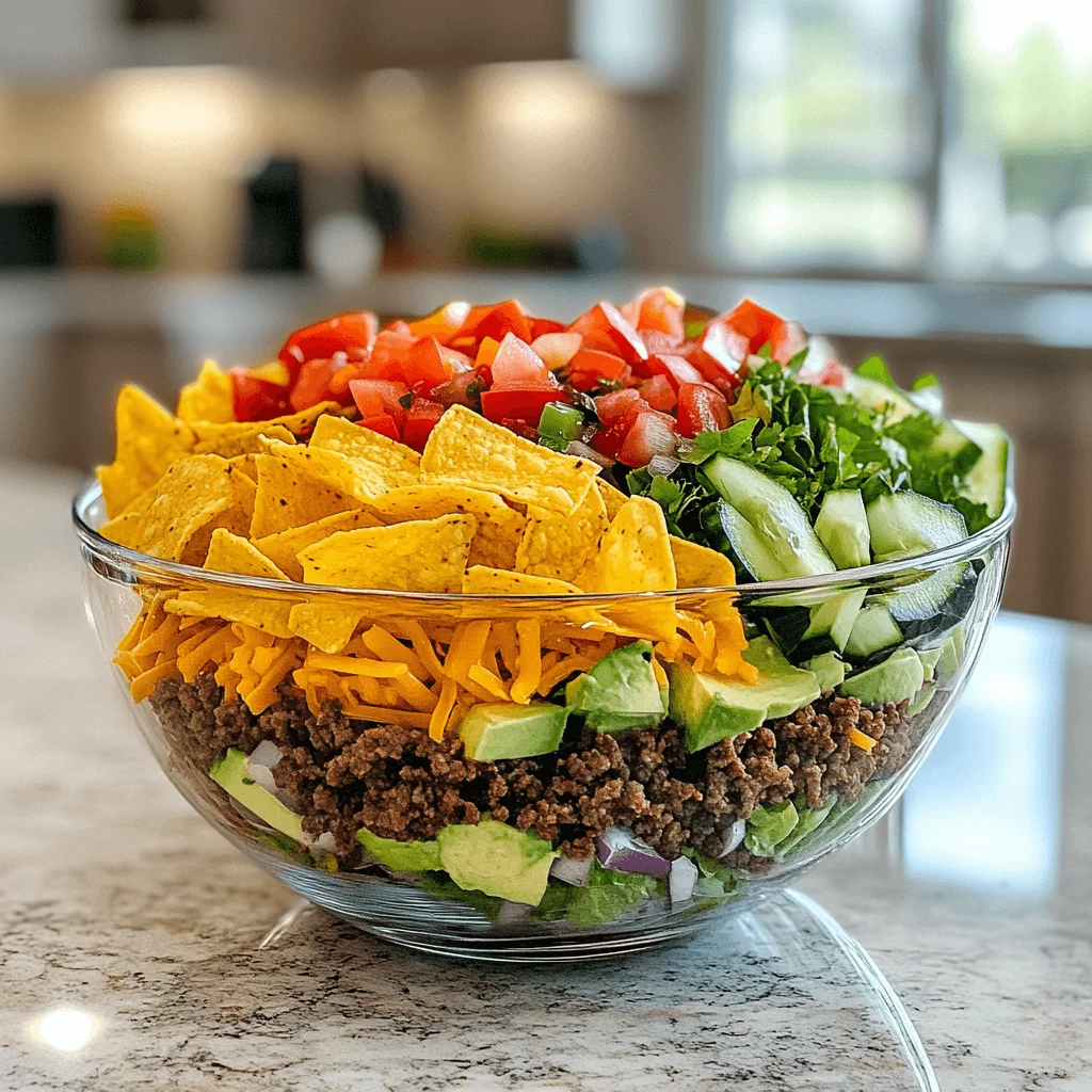 7 layer taco salad with ground beef in a glass bowl, showcasing vibrant layers of lettuce, seasoned beef, refried beans, sour cream, fresh pico de gallo, shredded cheddar cheese, and sliced olives, arranged on a modern kitchen countertop.