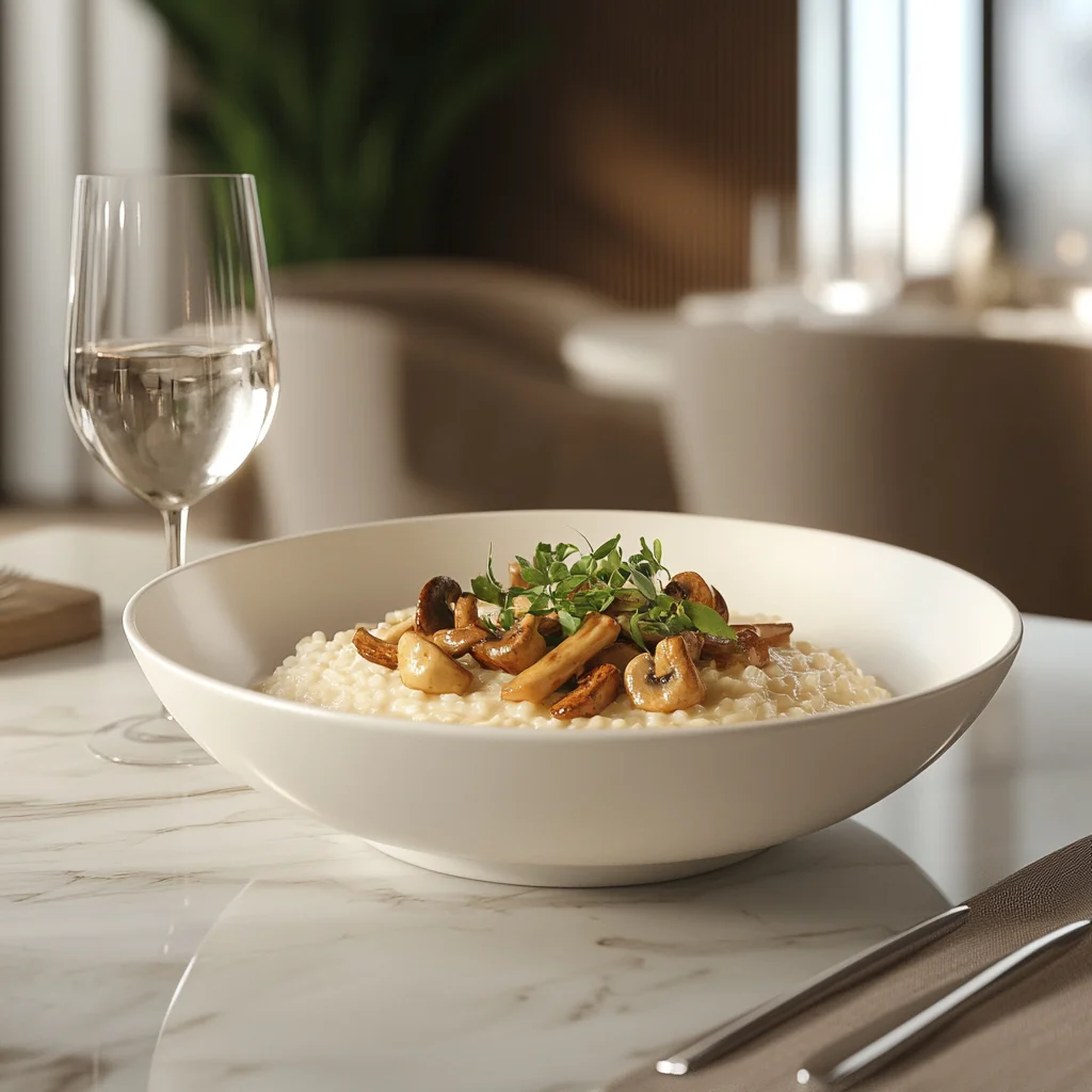 A bowl of creamy mushroom risotto garnished with fresh herbs, placed on a modern dining table with minimalistic design, accompanied by elegant cutlery and a glass of white wine.
