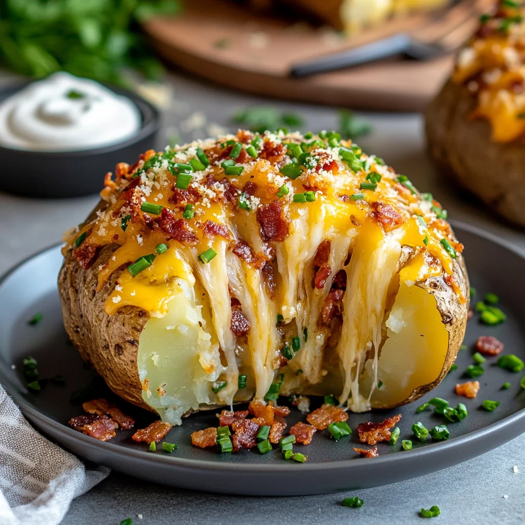 Cheesy oven-baked stuffed potato with crispy skin, overflowing with melted cheese, crispy bacon bits, and garnished with fresh chives, set on a rustic wooden table with soft natural lighting.